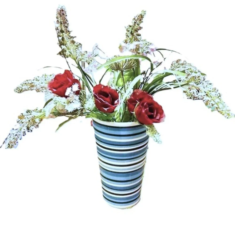 IKEA Striped Ceramic Vase Blue and White 8.5 inches Tall